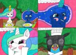 Size: 4317x3160 | Tagged: safe, artist:eternaljonathan, derpibooru import, princess celestia, princess luna, oc, oc:nemo, alicorn, gryphon, comic:first three back, chef, clothes, comic, deviantart, disguise, eating, egg, food, forest, guardian, levitation, magic, nest, royal sisters, telekinesis, this will end in weight gain, traditional art