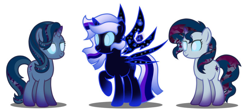 Size: 3685x1699 | Tagged: safe, artist:stellardusk, derpibooru import, starlight glimmer, sunset shimmer, twilight sparkle, twilight sparkle (alicorn), alicorn, pony, unicorn, alternate hairstyle, artificial wings, augmented, female, glowing eyes, magic, magic wings, mare, simple background, transparent background, trio, vector, void, void elf, void pony, warcraft, wings, world of warcraft