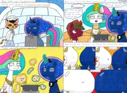 Size: 4305x3165 | Tagged: safe, artist:eternaljonathan, derpibooru import, princess celestia, princess luna, oc, oc:nemo, abyssinian, pony, unicorn, comic:first three back, belly, big belly, chef, chubby cheeks, chubbylestia, comic, dessert, deviantart, disguise, fat, female, food, guardian, igloo, morbidly obese, obese, pasta, pot, princess moonpig, royal sisters, spaghetti, traditional art, weight gain