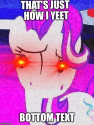 Size: 450x600 | Tagged: safe, derpibooru import, edit, edited screencap, screencap, starlight glimmer, pony, unicorn, shadow play, bottom text, caption, cropped, cutie mark, deep fried meme, female, glowing eyes, glowing eyes meme, grin, image macro, lens flare, meme, nervous, nervous grin, smiling, solo, text, watermark, yeet