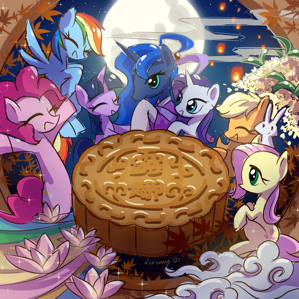 Size: 4000x4000 | Tagged: absurd resolution, angel bunny, animal, applejack, artist:jeremywithlove, cute, derpibooru import, eyes closed, female, fluttershy, food, full moon, lunabetes, male, mane six, mare, mid-autumn festival, missing accessory, moon, mooncake, night, pinkie pie, princess luna, rabbit, rainbow dash, rarity, safe, smiling, twilight sparkle