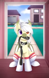 Size: 1024x1621 | Tagged: safe, artist:scarlet-spectrum, derpibooru import, oc, unofficial characters only, bat pony, pony, bat pony oc, bat wings, blurred background, clothes, collar, cute, cute little fangs, digital art, fangs, female, hair over one eye, heterochromia, house, leash, looking at you, mare, pony pet, socks, solo, white hair, white mane, white tail, wings