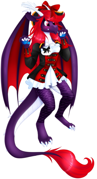 Size: 1024x1877 | Tagged: safe, artist:scarlet-spectrum, derpibooru import, oc, oc:scarlet spectrum, unofficial characters only, anthro, digitigrade anthro, dracony, dragon, hybrid, pony, anthro oc, blushing, bow, claws, clothes, digital art, dragon wings, female, hair bow, hat, horns, mare, pirate, pirate costume, pirate hat, red hair, red mane, red tail, simple background, solo, transparent background, wings