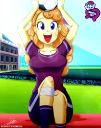 Size: 920x1160 | Tagged: safe, artist:the-butch-x, derpibooru import, part of a set, orange sherbette, equestria girls, athletic tape, background human, ball, breasts, busty orange sherbette, butch's hello, clothes, cute, female, hello x, leg band, looking at you, open mouth, shorts, sitting, smiling, solo, sports, sweat