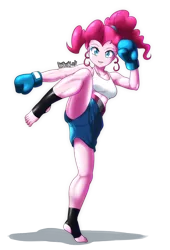 Size: 2720x4000 | Tagged: safe, artist:danmakuman, derpibooru import, part of a set, pinkie pie, equestria girls, boxing gloves, boxing shorts, clothes, commission, feet, female, foot pad, kickboxing, kicking, martial arts, muscles, pinkie pump, raised leg, shorts, simple background, smiling, solo, sports bra, sports shorts, training, transparent background