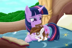 Size: 3205x2160 | Tagged: safe, artist:lifesharbinger, derpibooru import, pipsqueak, twilight sparkle, earth pony, pony, unicorn, bed, book, colt, cute, female, golden oaks library, hooficure, male, mare, pillow, prone, reflection, shiny, twipip