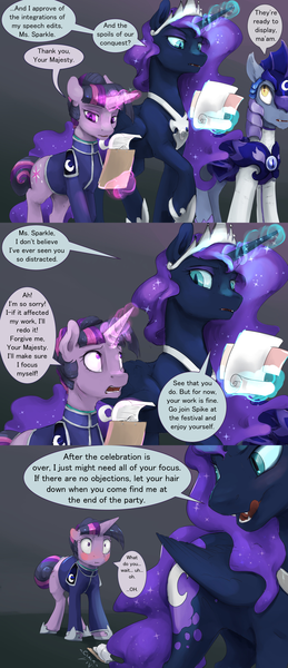 Size: 1280x2967 | Tagged: suggestive, artist:silfoe, derpibooru import, nightmare moon, twilight sparkle, alicorn, bat pony, pony, unicorn, moonsetmlp, alternate universe, blushing, clipboard, clothes, comic, crown, dialogue, ethereal mane, fangs, female, implied twimoon, jewelry, mare, night guard, regalia, slit eyes, speech bubble, unicorn twilight, uniform