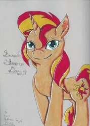 Size: 1700x2394 | Tagged: safe, artist:chiptunebrony, derpibooru import, sunset shimmer, equestria girls, 2018, bacon hair, bedroom eyes, cutie mark, female, handwritten text, mare, signature, smiling, sunset shimmer day, traditional art
