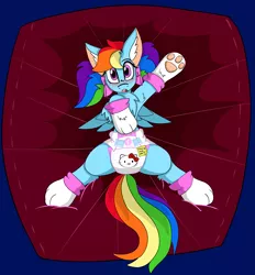 Size: 3727x4018 | Tagged: suggestive, artist:cuddlelamb, derpibooru import, rainbow dash, adult foal, blushing, booties, chest fluff, cute, dashabetes, diaper, diaper fetish, ear fluff, fetish, hello kitty, mittens, paw gloves, paws, pigtails, sanrio, solo, sticky note