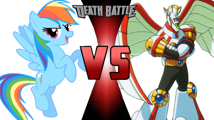 Size: 750x421 | Tagged: safe, derpibooru import, edit, editor:mega-poneo, rainbow dash, pegasus, pony, crossover, death battle, exploitable meme, megaman, megaman x, meme, smiling, spiral pegasus, the skiver