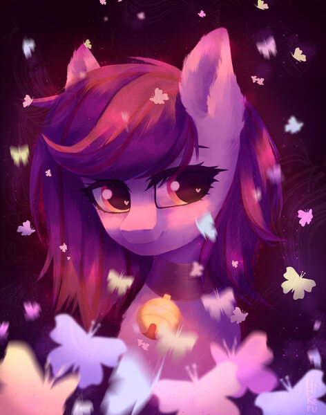 Size: 1712x2177 | Tagged: safe, artist:hikerumin, derpibooru import, oc, oc:mystic blare, unofficial characters only, butterfly, earth pony, pony, beautiful, bell, bell collar, bust, collar, commission, cute, femboy, fluffy, looking at you, male, portrait, smiling, solo, sparkles, stallion, trap, ych result