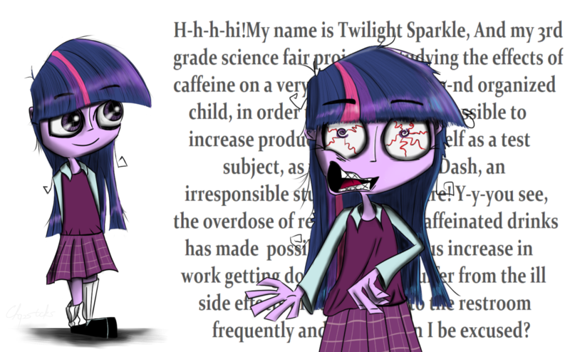 Size: 2000x1236 | Tagged: safe, artist:chopsticks, derpibooru import, sci-twi, twilight sparkle, human, equestria girls, adoracreepy, adorkable, bloodshot eyes, child, clothes, creepy, cute, dialogue, dork, female, for science, missing accessory, need to pee, obscured text, pleated skirt, potty time, school uniform, science fair, skirt, sleep deprivation, socks, twiabetes