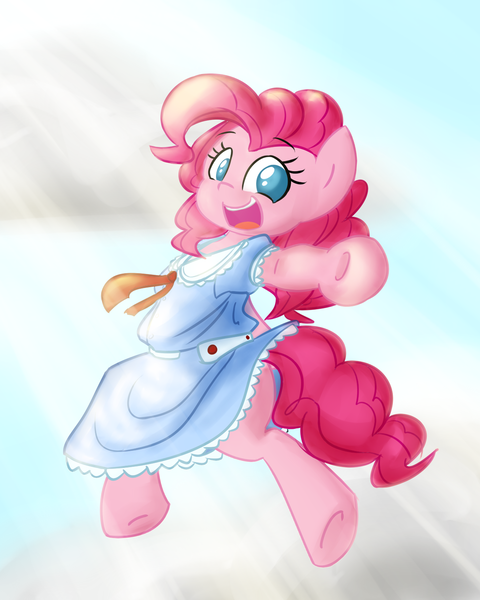 Size: 1200x1500 | Tagged: safe, artist:spheedc, derpibooru import, pinkie pie, earth pony, semi-anthro, bipedal, clothes, cloud, digital art, dress, female, looking at you, mare, reaching out, smiling, solo