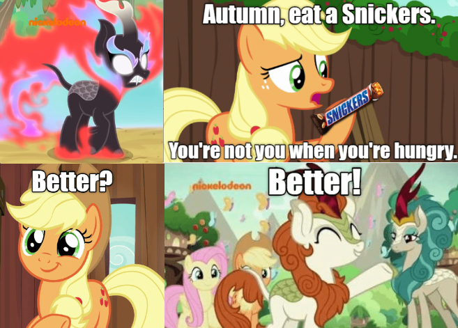 Size: 657x471 | Tagged: applejack, autumn blaze, caption, derpibooru import, edit, edited screencap, exploitable meme, fluttershy, image macro, kirin, meme, nirik, rain shine, safe, screencap, snickers, sounds of silence, text, you're not you when you're hungry