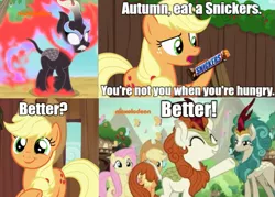 Size: 657x471 | Tagged: applejack, autumn blaze, caption, derpibooru import, edit, edited screencap, exploitable meme, fluttershy, image macro, kirin, meme, nirik, rain shine, safe, screencap, snickers, sounds of silence, text, you're not you when you're hungry