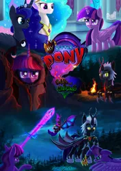 Size: 752x1063 | Tagged: alicorn, amulet, anger magic, angry, armor, artist:malajahr, bat wings, bonfire, canterlot castle, canterlot castle interior, cloak, clothes, cloud, color porn, comic:curse and madness, cover, cover art, creepy, crown, cultist, dark, defeated, derpibooru import, fangs, forest, gauntlet, glowing horn, golden eyes, golden ring, hatred, helmet, hiding, hiding in plain sight, hooded cape, horn, illuminated, jewelry, logo, magic, membranous wings, mlpcam, night, oc, oc:fallenlight, peytral, princess celestia, princess luna, red eyes, regalia, ring, ritual, seething, semi-grimdark, shoes, signature, sky, tree, twilight sparkle, twilight sparkle (alicorn), wings
