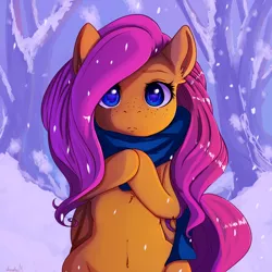 Size: 4000x4000 | Tagged: safe, artist:miokomata, derpibooru import, fluttershy, pegasus, pony, beautiful, belly button, bipedal, clothes, cute, female, freckles, hooves to the chest, looking at you, mare, scarf, snow, snowfall, solo, wrong eye color