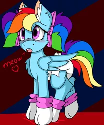 Size: 3470x4157 | Tagged: suggestive, artist:cuddlelamb, derpibooru import, rainbow dash, adult foal, booties, cute, dashabetes, diaper, diaper fetish, ear fluff, fetish, heart, meow, mittens, paw gloves, paws, pigtails, solo