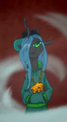 Size: 880x1600 | Tagged: abstract background, artist:kovoranu, bust, cap, changeling, changeling queen, clothes, derpibooru import, female, gold chains, hair over one eye, hat, hoodie, lidded eyes, looking at you, queen chrysalis, safe, smiling, solo