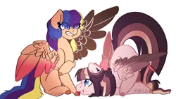 Size: 2475x1407 | Tagged: safe, artist:owl-clockwork, derpibooru import, oc, oc:rose star, oc:tessa, unofficial characters only, pegasus, pony, bow, female, hair bow, hoof licking, interdimensional siblings, licking, mare, offspring, parent:flash sentry, parent:twilight sparkle, parents:flashlight, siblings, signature, simple background, sisters, tongue out, transparent background, watermark