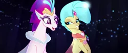 Size: 1920x804 | Tagged: derpibooru import, excited, eyeshadow, faic, female, grin, happy, jewelry, like mother like daughter, looking at each other, makeup, mother and child, mother and daughter, my little pony: the movie, necklace, princess skystar, queen novo, safe, screencap, shell, smiling, underwater