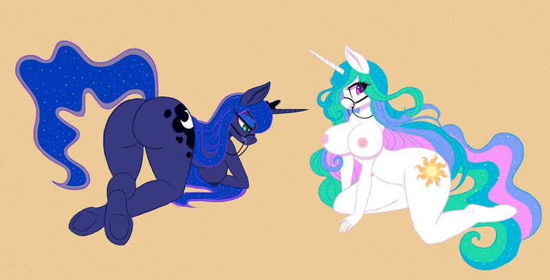 Size: 2000x1019 | Tagged: alicorn, anthro, artist:cocaine-leopard, ass, big breasts, bit, breasts, bridle, busty princess celestia, busty princess luna, butt, dead source, derpibooru import, nipples, nudity, princess celestia, princess luna, questionable, reins, royal sisters, tack, unguligrade anthro, wingless, wingless anthro