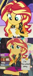 Size: 468x1061 | Tagged: safe, derpibooru import, edit, edited screencap, screencap, fluttershy, sunset shimmer, driving miss shimmer, equestria girls, equestria girls series, the finals countdown, bacon hair, book, boots, caption, clothes, cropped, cute, cutest pony alive, driving miss shimmer: rarity, element of empathy, female, high heel boots, image macro, jacket, leather, leather jacket, meme, notepad, pencil, shimmerbetes, shoes, skirt, smiling, sunset's note, text, truth, vest, writing