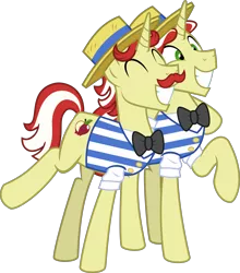Size: 3000x3411 | Tagged: safe, artist:sollace, derpibooru import, flam, flim, pony, unicorn, .svg available, bow ties, clothes, cute, duo, facial hair, flim flam brothers, hat, moustache, raised leg, simple background, smiling, transparent background, vector