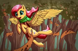 Size: 1728x1127 | Tagged: safe, artist:shaliwolf, derpibooru import, fluttershy, pegasus, pony, autumn, clothes, cute, female, flying, leaf, leaves, looking at you, mare, open mouth, scarf, shyabetes, smiling, solo, spread wings, tree, windswept mane, wings