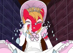 Size: 3000x2194 | Tagged: safe, artist:avchonline, derpibooru import, big macintosh, anthro, earth pony, alice in wonderland, bonnet, clothes, crossdressing, crying, disney, dress, evening gloves, girly, gloves, handkerchief, jewelry, long gloves, macro, male, pinafore, rabbit hole, stallion, tiara, tissue