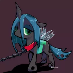 Size: 700x700 | Tagged: artist:awbtksbt, chains, changeling, changeling queen, collar, cute, cutealis, derpibooru import, female, filly, filly queen chrysalis, foal, looking at you, nymph, purple background, queen chrysalis, sad, sadorable, safe, signature, simple background, solo, younger