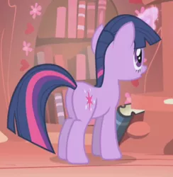 Size: 467x478 | Tagged: safe, derpibooru import, screencap, twilight sparkle, pony, unicorn, boast busters, book, butt, cropped, glowing horn, golden oaks library, horn, magic, plot, solo, telekinesis, unicorn twilight