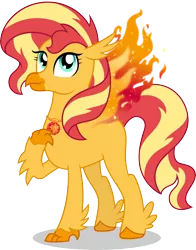 Size: 3226x4112 | Tagged: artist:sugar-loop, classical hippogriff, derpibooru import, female, fiery shimmer, fiery wings, fire, geode of empathy, hippogriff, hippogriffied, hybrid, magical geodes, phoenix, safe, simple background, solo, species swap, sunset shimmer, sunset shimmer day, transparent background, wings
