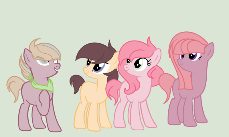 Size: 1988x1192 | Tagged: safe, artist:emili-adoptions, derpibooru import, oc, unofficial characters only, earth pony, pony, base used, female, green background, half-siblings, mare, neckerchief, offspring, parent:big macintosh, parent:limestone pie, parent:marble pie, parent:maud pie, parent:pinkie pie, parents:limemac, parents:macinmaud, parents:marblemac, parents:pinkiemac, siblings, simple background, sisters