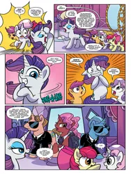 Size: 768x1024 | Tagged: safe, artist:agnesgarbowska, derpibooru import, idw, apple bloom, onyx ardor, rarity, scootaloo, sweetie belle, earth pony, pegasus, pony, unicorn, ponyville mysteries, spoiler:comic, spoiler:comicponyvillemysteries5, clothes, comic, cutie mark crusaders, female, filly, foal, male, mare, official comic, preview, stallion, suit, sunglasses
