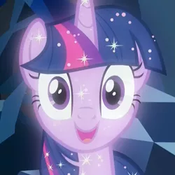 Size: 1079x1078 | Tagged: safe, derpibooru import, edit, edited screencap, screencap, tree of harmony, pony, unicorn, what lies beneath, blank stare, cave, cropped, female, implied twilight sparkle, looking at you, mare, reaction image, smiling, solo, sparkles, sparkling, treelight sparkle, wide eyes