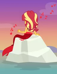 Size: 1024x1334 | Tagged: safe, artist:mlp-trailgrazer, derpibooru import, sunset shimmer, mermaid, equestria girls, clothes, female, mermaidized, music notes, ocean, rear view, rock, sitting, solo, species swap, sunset shimmer day, water