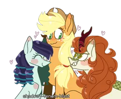 Size: 863x707 | Tagged: safe, artist:shadowy-venom-blast, derpibooru import, applejack, autumn blaze, coloratura, earth pony, kirin, pony, sounds of silence, applejack gets all the mares, autumnjack, blushing, female, heart, lesbian, mare, polyamory, rara, rarajack, shipping, simple background, transparent background, trio