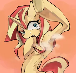 Size: 1000x963 | Tagged: suggestive, artist:akomaru, derpibooru import, sunset shimmer, pony, semi-anthro, unicorn, armpit fetish, armpits, bipedal, crying, female, fetish, glare, looking at you, mare, musk, olfactophilia, single tear, skinny, solo, sweat, underhoof