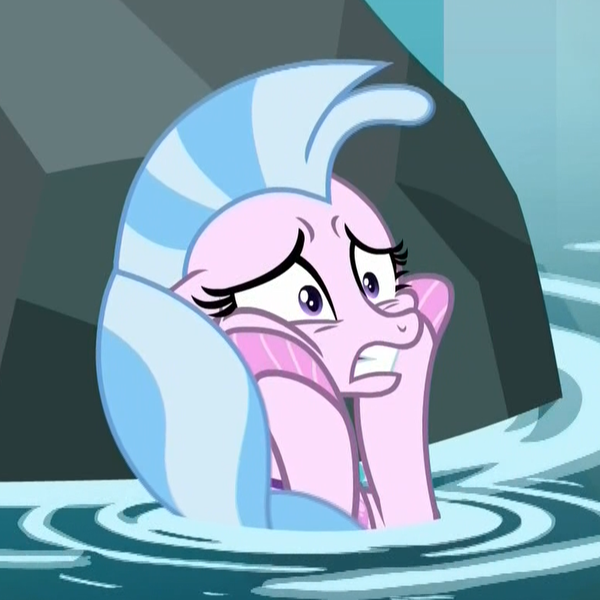 Size: 780x780 | Tagged: cropped, derpibooru import, edit, edited screencap, female, hooves on cheeks, nightmare cave, panic, panic attack, panicking, reaction image, rock, safe, scared, screencap, seapony (g4), silverstream, water, what lies beneath