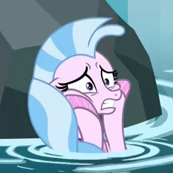 Size: 780x780 | Tagged: cropped, derpibooru import, edit, edited screencap, female, hooves on cheeks, nightmare cave, panic, panic attack, panicking, reaction image, rock, safe, scared, screencap, seapony (g4), silverstream, water, what lies beneath