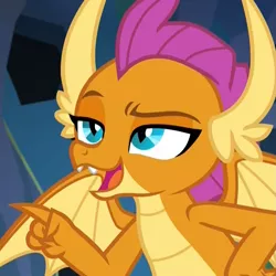 Size: 1079x1078 | Tagged: cropped, derpibooru import, dragon, dragoness, female, hand on hip, lidded eyes, nightmare cave, pointing, raised eyebrow, reaction image, safe, screencap, smolder, solo, spread wings, what lies beneath, wings