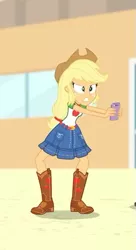 Size: 287x526 | Tagged: safe, derpibooru import, screencap, applejack, equestria girls, equestria girls series, rollercoaster of friendship, belt, boots, clothes, cowboy boots, cowboy hat, cropped, denim skirt, female, freckles, hat, mobile phone, phone, shoes, skirt, smartphone, stetson