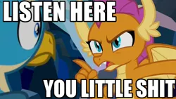 Size: 1024x576 | Tagged: caption, derpibooru import, edit, edited screencap, editor:anonycat, gallus, image macro, listen here you little, meme, safe, screencap, smolder, text, vulgar, what lies beneath