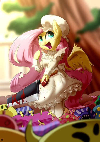 Size: 4961x7017 | Tagged: semi-grimdark, artist:richard-skip, derpibooru import, fluttershy, pony, absurd resolution, bacteria, blood, cells at work, cleaver, clothes, dress, female, hoof hold, looking away, looking up, macrophage, mare, open mouth, smiling, socks, solo, spread wings, tree, virus, weapon, white dress, white socks, wings