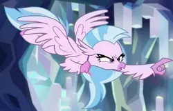 Size: 1370x883 | Tagged: safe, derpibooru import, screencap, silverstream, classical hippogriff, hippogriff, what lies beneath, angry, beak, eyelashes, female, flying, narrowed eyes, pointing, school of friendship, solo, spread wings, wings