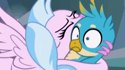 Size: 480x270 | Tagged: source needed, useless source url, suggestive, derpibooru import, edit, edited screencap, screencap, gallus, silverstream, classical hippogriff, gryphon, hippogriff, what lies beneath, animated, cropped, cute, eyes closed, female, gallstream, hape, hug, implied sex, male, out of context, shipping, shipping fuel, shocked, straight