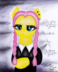 Size: 1854x2311 | Tagged: artist:thechrispony, braided pigtails, clothes, crossover, derpibooru import, fluttergoth, fluttershy, goth, knife, piercing, safe, solo, the addams family, traditional art, wednesday addams