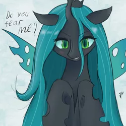 Size: 1500x1500 | Tagged: artist:vladislav_180, bronybait, changeling, derpibooru import, female, queen chrysalis, question, safe, simple background, solo, talking to viewer, white background