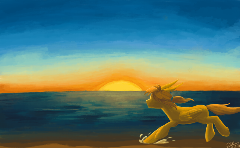 Size: 2000x1236 | Tagged: safe, artist:sunnytp, derpibooru import, ponified, pegasus, pony, link, male, ocean, ponies of the wild, running, solo, stallion, sunset, the legend of zelda, the legend of zelda: breath of the wild